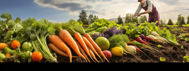 Canvas Print - Freshly harvested vegetables laid out on the soil, highlighting the bounty of organic agriculture.