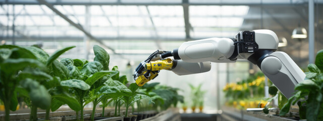 Wall Mural - Robotic arm tending to lettuce plants in a high-tech, indoor hydroponic farm, representing advanced agricultural technology and sustainable farming practices.