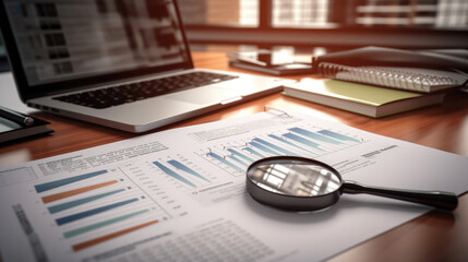 Poster - Printed business documents with colorful charts and graphs being analyzed through a magnifying glass