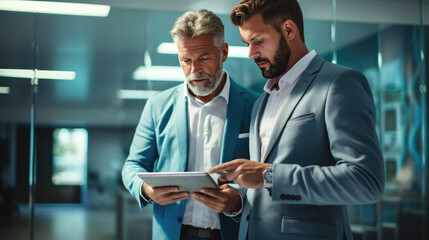 Two businessmen in suits looking at a tablet together in a modern office environment.