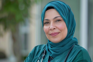 Wall Mural - A woman wearing a blue scarf and a green shirt is smiling. She is a doctor. Concept of International Day of Midwives International Nurses Day