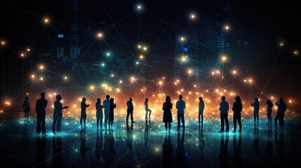 silhouetted figures connected by glowing lines on a dark blue background, concept of network or social connectivity