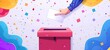 Illustration of hand placing a ballot into a voting box. Voter. Person voting. Festive background. Concept of democracy, presidential elections, civic duty, digital art. Banner, copy space