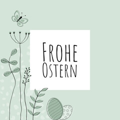 Poster - Frohe Ostern - Schriftzug in deutscher Sprache. Quadratische Grußkarte mit Ostereiern, Blumen und Schmetterling auf einem pastellgrünen Rahmen.
