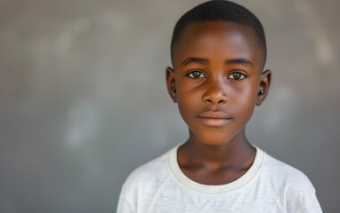 Poster - A young boy with brown hair and brown eyes is standing in front of a gray wall. He is wearing a white shirt and has a slight smudge on his nose