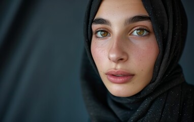 A woman with a black scarf on her head and a greenish-yellowish tint to her eyes