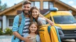 © ANEK - Father, mother and kids is leaving for family summer trip, loading baggage to a car in front of house.