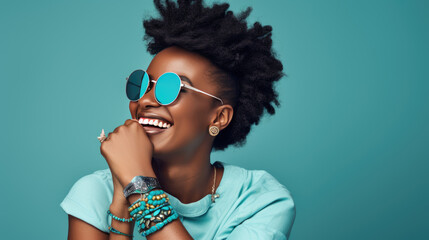 Wall Mural - Joyful woman with an afro hairstyle, laughing and wearing turquoise sunglasses against a vibrant turquoise background.