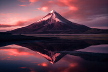 A Majestic Snow-capped Mountain Reflected In A Tranquil Lake Under A Vibrant Pink And Purple Sunset Sky
