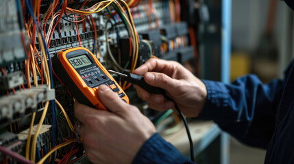 Canvas Print - A technician in professional attire is carefully using a digital multimeter to check or troubleshoot an electrical panel