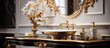 The bathroom features a luxurious washstand with a golden faucet and a large mirror. The sink is pristine, and the mirror reflects the sleek design of the room.