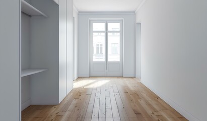 small and empty room with white walls and a white closet at the left side, wooden floor, in front view, minimalist. generative AI