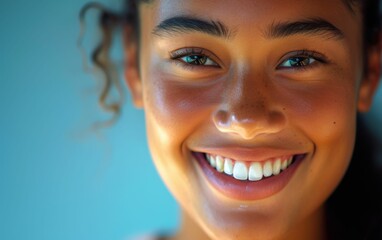 A woman with brown hair and blue eyes is smiling. She has a beautiful smile and her teeth are white