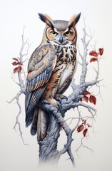 Beautiful  horned owl sitting on a big tree on a white background, staring into the camers, lovely feather markings.