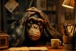 Schimpanse sitzt am Esstisch, Hände über dem Kopf zusammengeschlagen, Konzept Erschöpfung und Depression