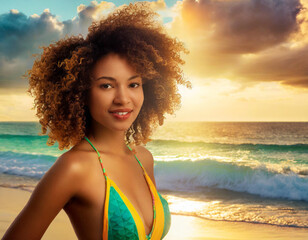 Beautiful African American female on summer vacation on beach at sunset