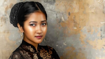 Classic Beauty: Indonesian Woman in Sophisticated Black Kebaya Marking Kartini Day.