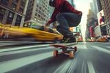 Fototapeta  - Dynamische Aufnahme eines Skateboarders auf den Straßen einer großen Stadt, Action und Geschwindigkeit