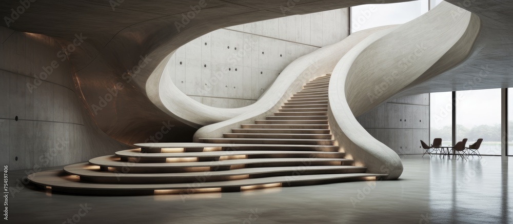A very long concrete staircase stretches vertically inside a colossal ...