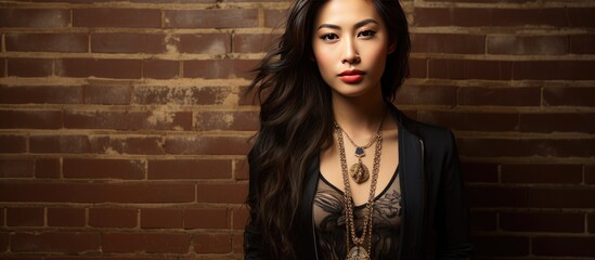 Wall Mural - An Asian girl wearing a black jacket and ethnic jewelry around her neck stands confidently in front of a brown brick wall in a studio setting. She strikes a pose that exudes strength and grace.