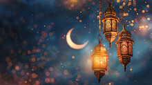Crescent Moon And Golden Lanterns On Ornamental Dark Blue Navy Ramadan Kareem Background With Bokeh, Magic Festive Atmosphere, Minimalist Islamic Dark Navy Backdrop, Glowing Decorated Light, Beautiful