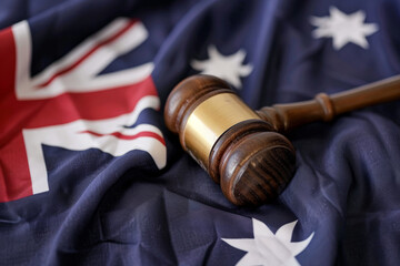 A judges gavel hammer with an Australian flag. law and order