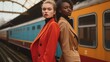 Dwie różnorodne kobiety stoją obok siebie przed pociągiem, pozując w stylu vintage, retro. Są pewne siebie.