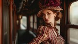 Fototapeta  - Kobieta w pasiastej sukience i kapeluszu lat 50s stoi w korytarzu pociągu i pozuje do kamery
