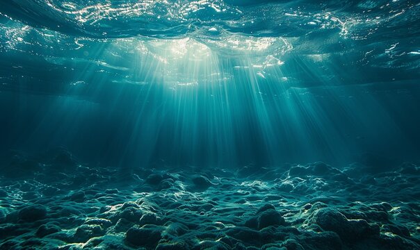 Underwater view of blue surface of ocean or sea. Abstract waves underwater and rays of sunlight