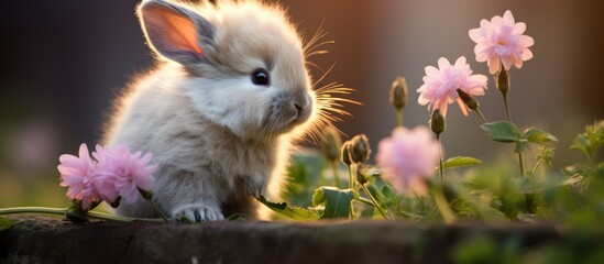 Wall Mural - A small rabbit is sitting in the green grass next to colorful flowers. The rabbit appears to be smelling one of the flowers, showcasing a moment of curiosity and exploration in a natural setting.