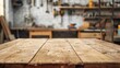 wooden tabletop counter in front out of focus tool storage room copy space