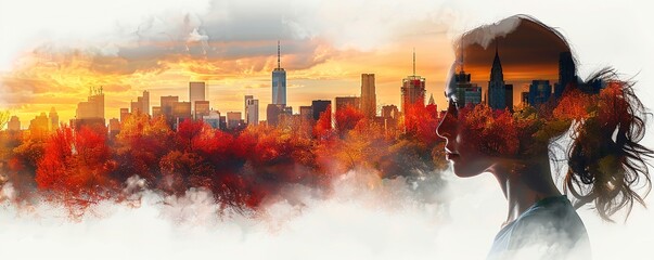 Wall Mural - A woman's silhouette is shown in front of a city skyline with orange
