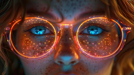 Wall Mural - A woman with blue eyes is wearing glasses with orange frames