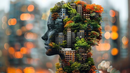 Wall Mural - A woman's face is made of buildings and trees