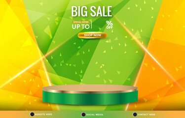 big sale discount template banner with blank space 3d podium for product sale with abstract gradient yellow and green background design