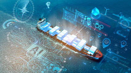 Wall Mural - AI technology. Global Logistics international delivery concept, World map logistic and supply chain network distribution container Ship running for export import to customs cean concept isometric