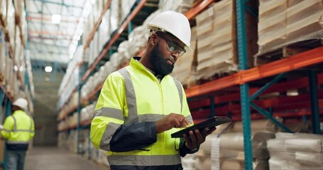 Canvas Print - Manufacturing, warehouse and black man with tablet for inspection, inventory and online stock. Shipping, distribution and person on digital tech for logistics, maintenance and checklist in factory