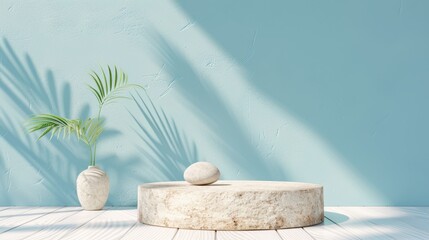 Sticker - Minimalistic blue podium with stone wall and greenery   fashion showcase for summer sale