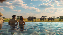  A Couple Of Men And Women In A Swimming Pool With The Background Of Elephants In  Africa