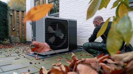 Wall Mural - Male Engineer worker installing an air source heat pump unit outdoors at home in the Netherlands, warmte pomp, translation air source heat pump, airco for warming and cooling, energy transition	