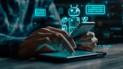 digital chatbot, chat gpt, robot application, conversation assistant, man using a mobile smartphone,