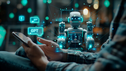 Digital chatbot, chat GPT, robot application, conversation assistant, AI Artificial Intelligence.. Man using a mobile smartphone, with a digital chatbot on virtual screen, ChatGPT AI Chatbot 