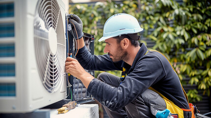 Wall Mural - Engineer worker installing an air source heat pump unit outdoors at home in the Netherlands, warmte pomp, translation air source heat pump, airco for warming and cooling, energy transition	