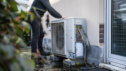 Wall Mural - worker installing an air source heat pump unit outdoors at house in the Netherlands, warmte pomp, translation air source heat pump, airco for warming and cooling, energy transition