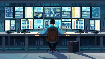 Engineer working at control room,Manager control system,Technician man monitoring program from a lot of monitor