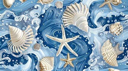 Wall Mural - Seamless pattern background inspired by the textures and patterns of the ocean with intricate illustrations of seashells, waves, and sea creatures, set against a serene blue backgroundSeamless pattern