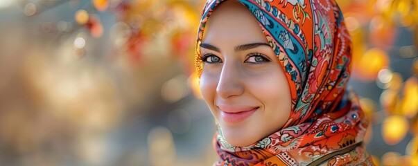 Wall Mural - Portrait of a smiling woman in a colorful hijab headscarf. Generative AI image