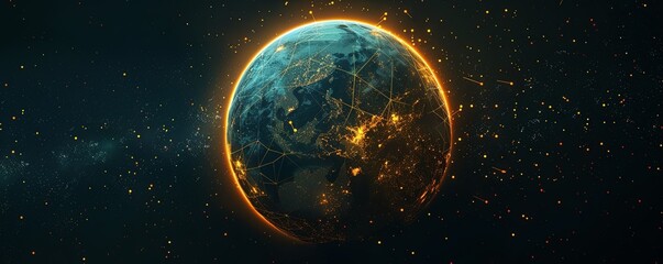 Wall Mural - Generative AI illustration of glowing planet with yellow network connecting cities on black background