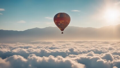 Hot air balloon rises very high in blue sky above white clouds bright sun shines