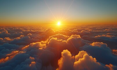 Beautiful aerial view above clouds at sunset. Flying above clouds with sunlight.